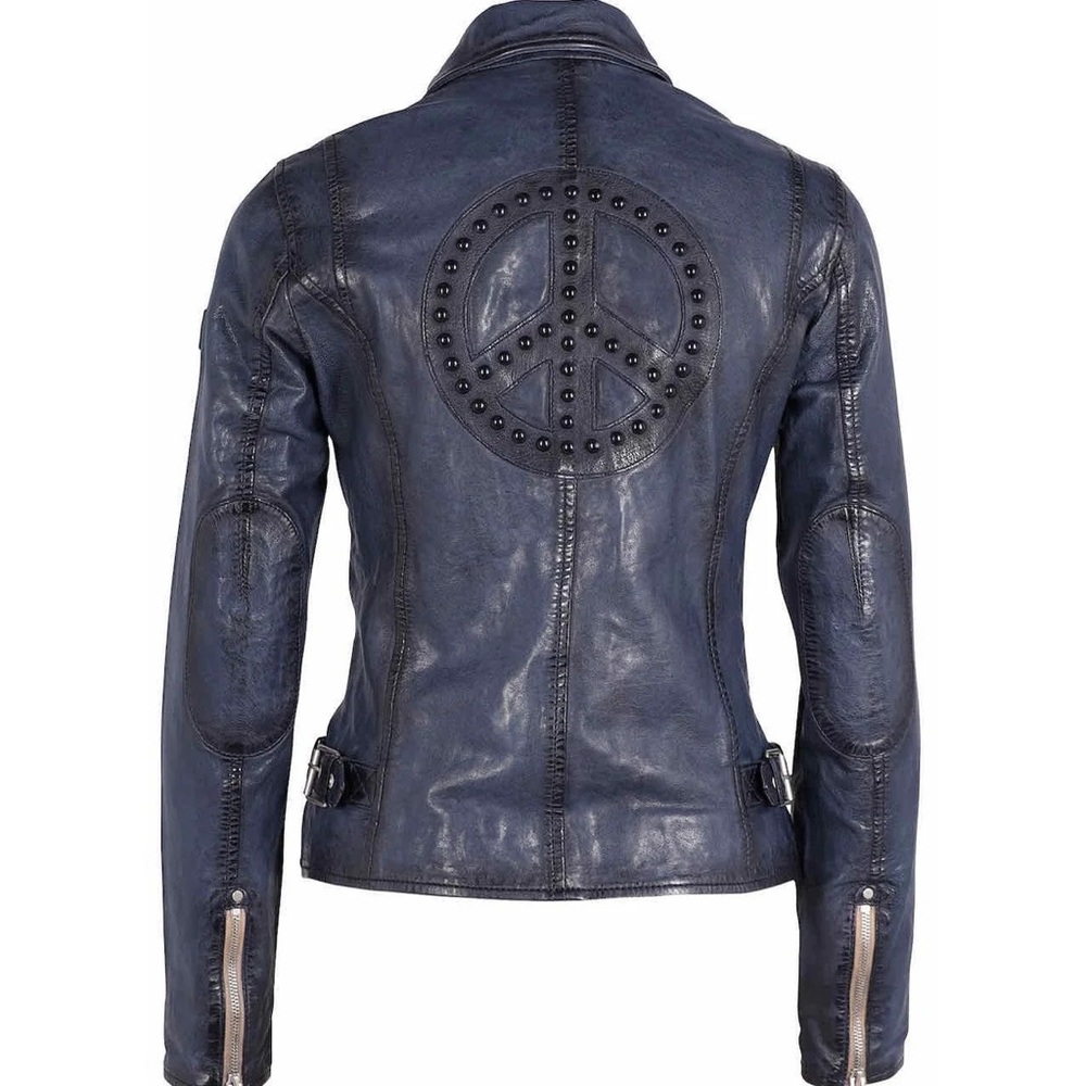 Womens La Mauritius Navy Blue Full Zip Leather Moto Maysie peace Jacket large